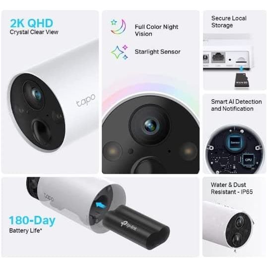 TP-Link,TP-Link Tapo 2K QHD Wireless Outdoor Security Camera, 1-Cam with Hub included, 180-Day Rechargeable Battery, 4MP, Colour Night Vision, AI Detection, SD Storage, Works with Alexa & Google (Tapo C420S1) - Gadcet.com