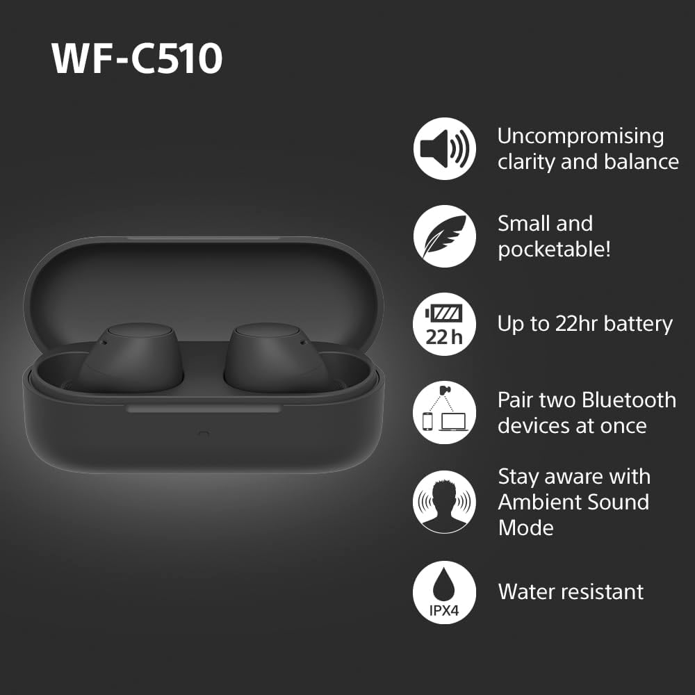 Buy Sony,Sony WF-C510 Truly Wireless Earbuds – Lightweight Bluetooth In-Ear Headphones with Multipoint Connection, Ambient Sound, IPX4, Spotify Tap, Quick Charge, 22-Hour Battery, iOS & Android Compatible (Black) - Gadcet UK | UK | London | Scotland | Wales| Near Me | Cheap | Pay In 3 | In-Ear Headphones
