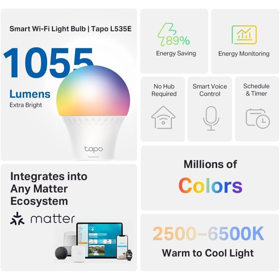 Buy Tapo,Tapo L535E Matter Smart Bulb E27 – 8.6W, 1055 lm, Dimmable & Tunable, Energy Monitoring, Works with Apple HomeKit, Alexa & Google - Gadcet UK | UK | London | Scotland | Wales| Near Me | Cheap | Pay In 3 | LED Light Bulbs