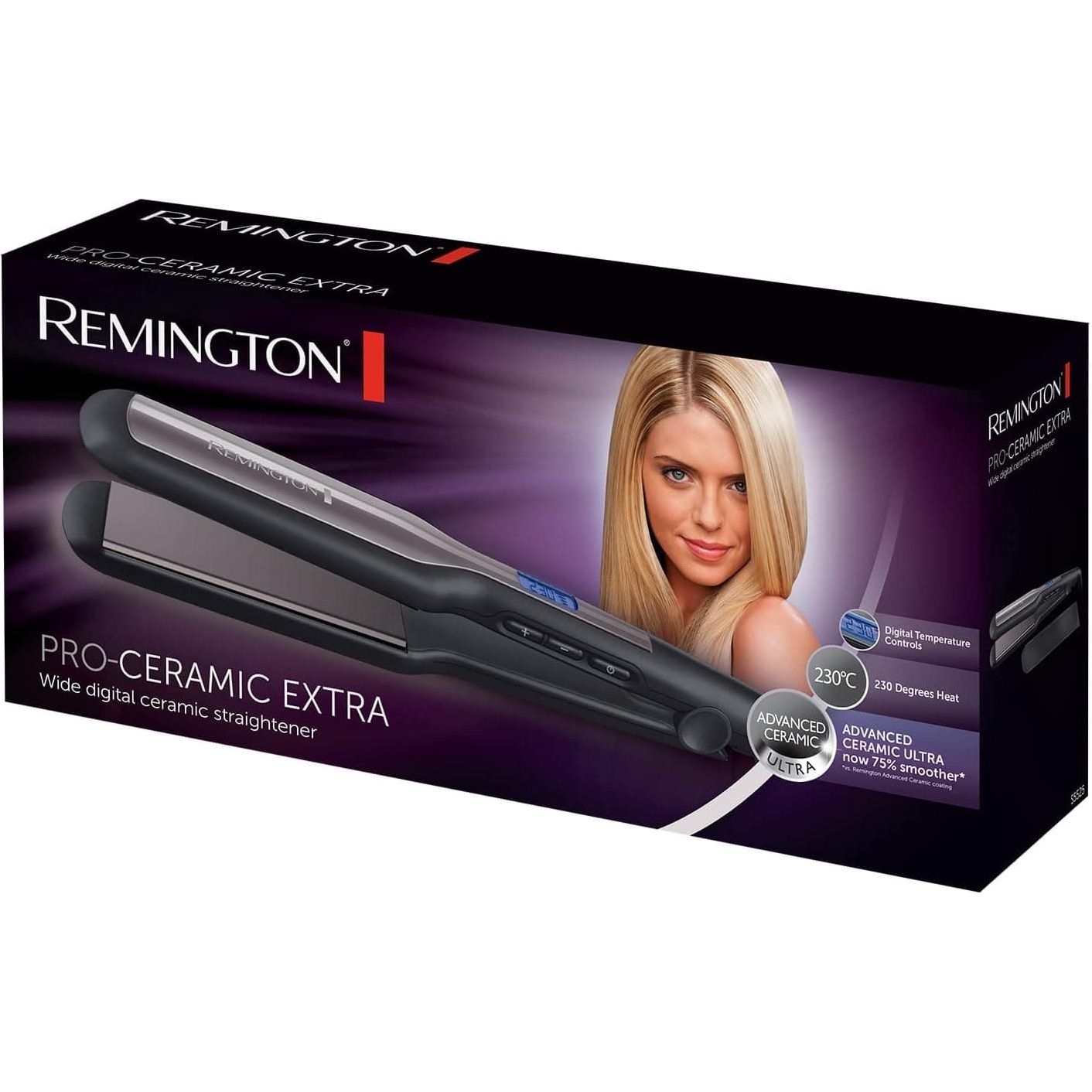 Buy Remington,Remington Hair Straightener Advanced Ceramic coating for Sleek & smooth glide, Wide longer length 110mm floating plates, Digital display, Heat proof pouch, Up to 230°C, S5525 Black Grey - Gadcet UK | UK | London | Scotland | Wales| Near Me | Cheap | Pay In 3 | Hair Clippers & Trimmers