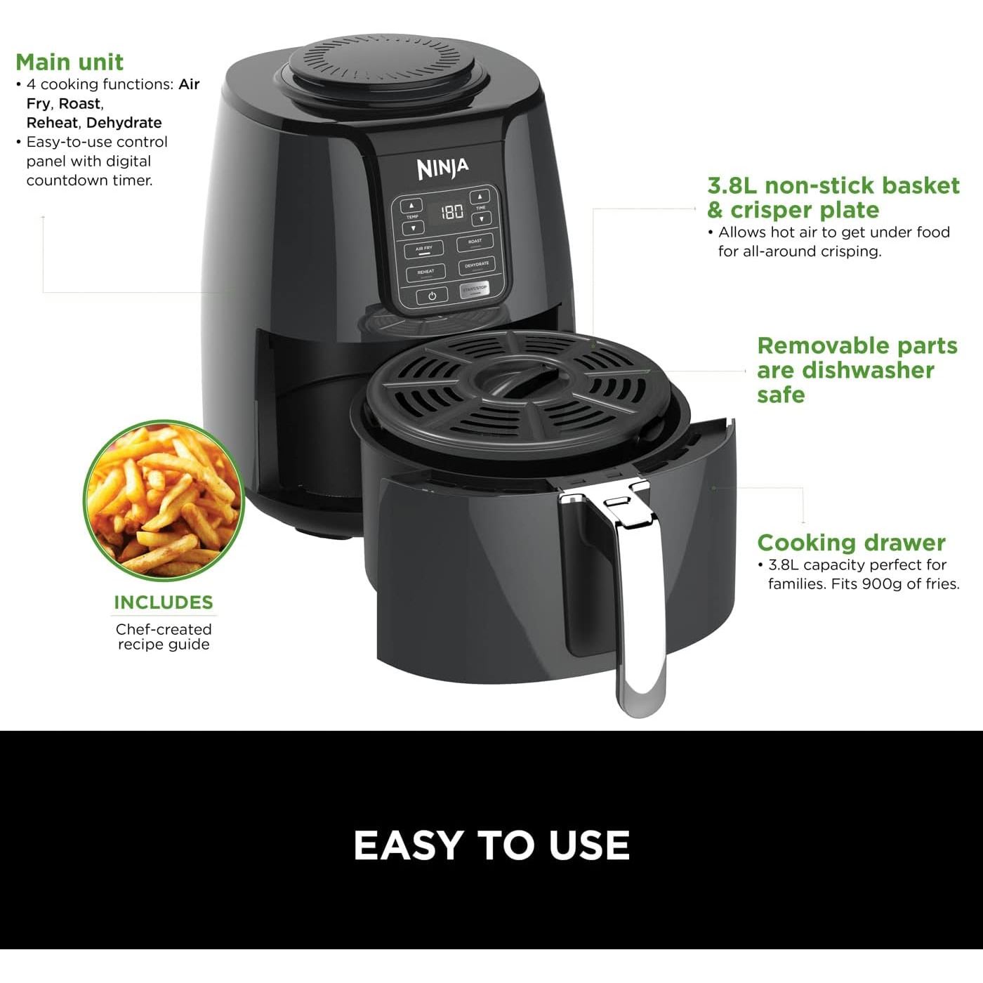 Buy Ninja,Ninja Air Fryer 3.8L - 4-in-1, No Oil, Air Fry, Roast, Reheat, Dehydrate, Digital, Non-Stick, Dishwasher Safe, 2-4 Portions, Grey & Black - AF100UK - Gadcet UK | UK | London | Scotland | Wales| Near Me | Cheap | Pay In 3 | Air Fryer & Grill