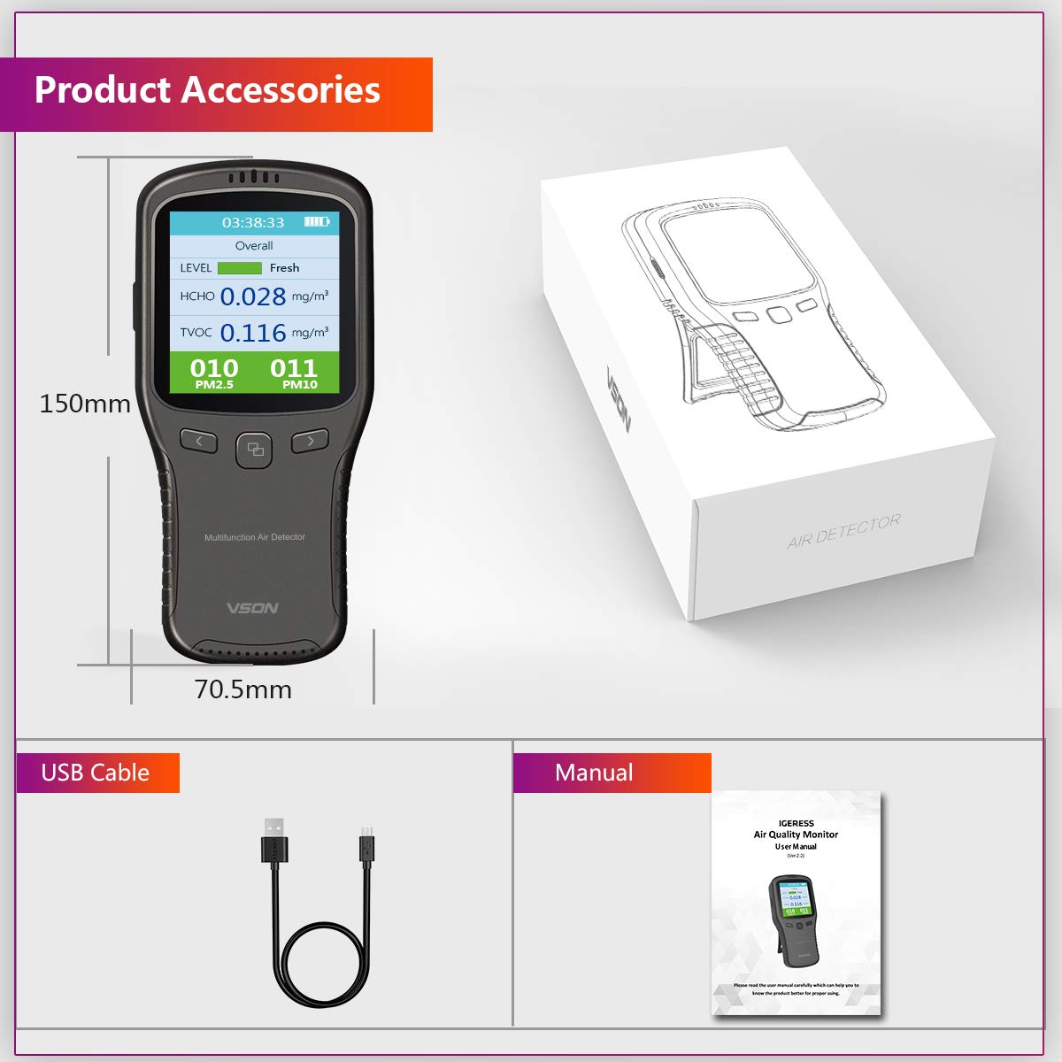 Buy VSON,Air Quality Monitor with Formaldehyde Detector, Temperature & Humidity Sensor, PM2.5/PM10 Tester for Office/Car ;PL - Gadcet UK | UK | London | Scotland | Wales| Near Me | Cheap | Pay In 3 | Air Quality Meters