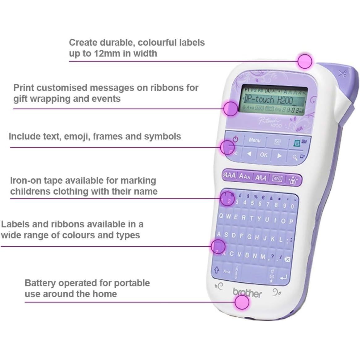 Buy Brother,Brother PT-H200 P-Touch Craft Label Maker, Handheld, QWERTY Keyboard, 12mm Labels, Includes Gold on White Tape (12mm), White/Violet - Gadcet UK | UK | London | Scotland | Wales| Near Me | Cheap | Pay In 3 | Label Makers