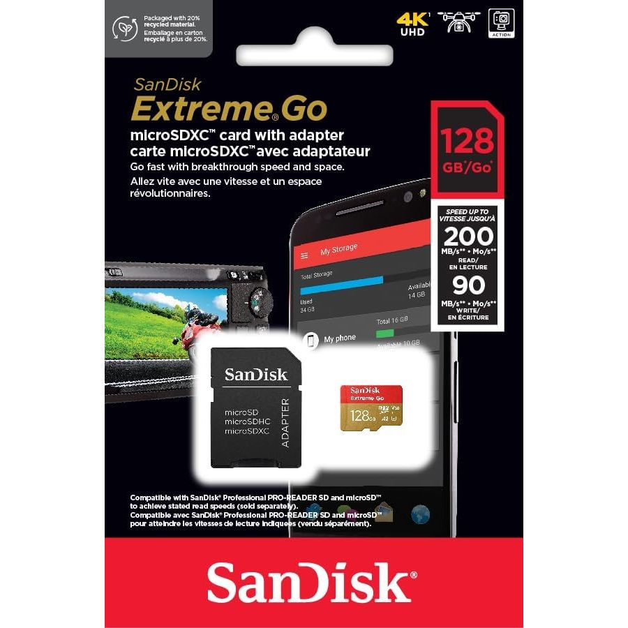 Buy SanDisk,SanDisk 128GB Extreme Go microSDXC Card + SD Adapter – UHS-I, up to 200MB/s, V30, U3, Class 10 – 5K/4K UHD – for Android, Drones, Action Cams, Gaming - Gadcet UK | UK | London | Scotland | Wales| Near Me | Cheap | Pay In 3 | Flash Memory Cards