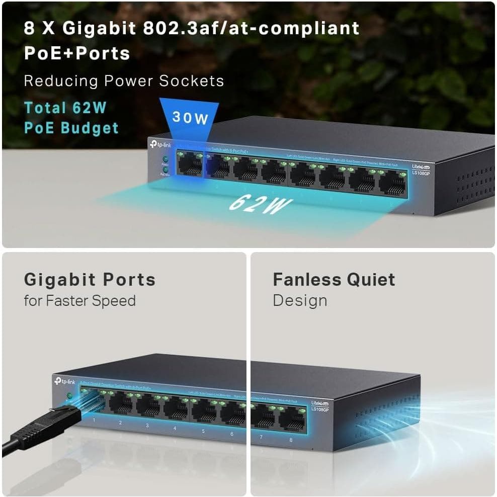 Buy TP-LINK,TP-Link PoE Switch 8 Port Gigabit Ethernet Switch with 8 x PoE+ Port 62W - Network Switch, Ethernet Splitter, Desktop/Wall Mount - Gadcet UK | UK | London | Scotland | Wales| Near Me | Cheap | Pay In 3 | Network Cards & Adapters