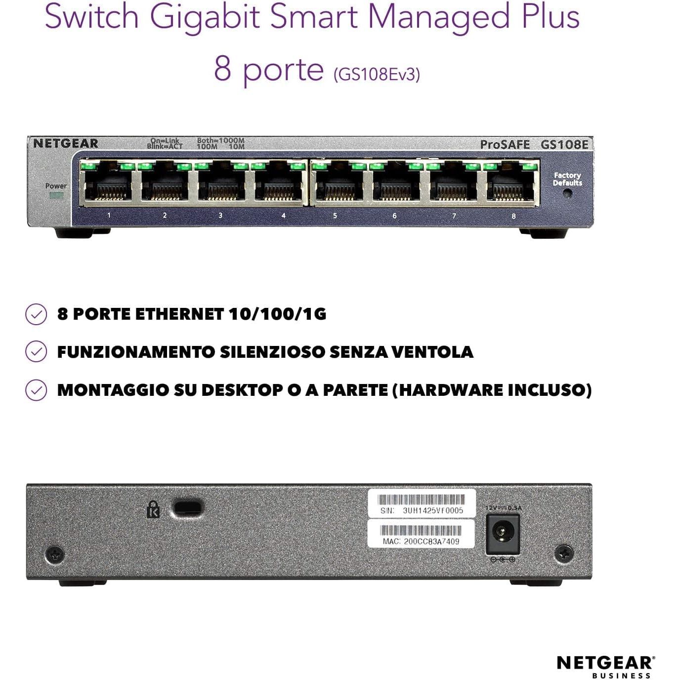 NETGEAR GS108E 8-Port Ethernet Plus Switch, Gigabit Switch with Desktop or Wall Mounting Options and Limited Lifetime Support - 2