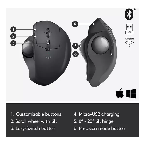 Logitech MX Ergo Wireless Trackball Mouse, Bluetooth Or 2.4GHz with Unifying USB-Receiver, Adjustable Trackball Angle, Precision Scroll-Wheel, USB-C Charging Battery, PC/ Mac/ iPad OS - Black - 6