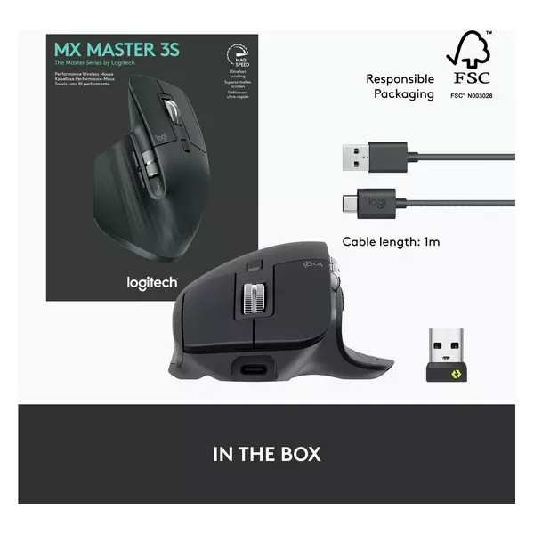Logitech MX Master 3S - Wireless Performance Mouse with Ultra-Fast Scrolling, Ergonomic, 8K DPI, Glass Tracking, Silent Clicks, USB-C, Bluetooth, Windows, Linux, Chrome - Dark Gray - 10