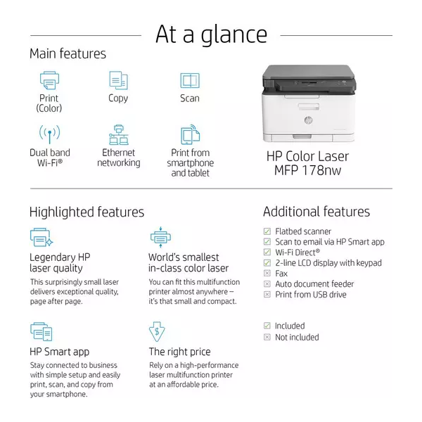 HP MFP 178nw AirPrint All-in-One Wireless Laser Colour Printer - White - 9