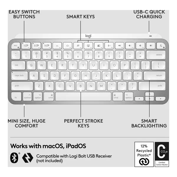 LOGITECH MX Keys Mini for Mac Wireless Keyboard - Pale Grey - 6