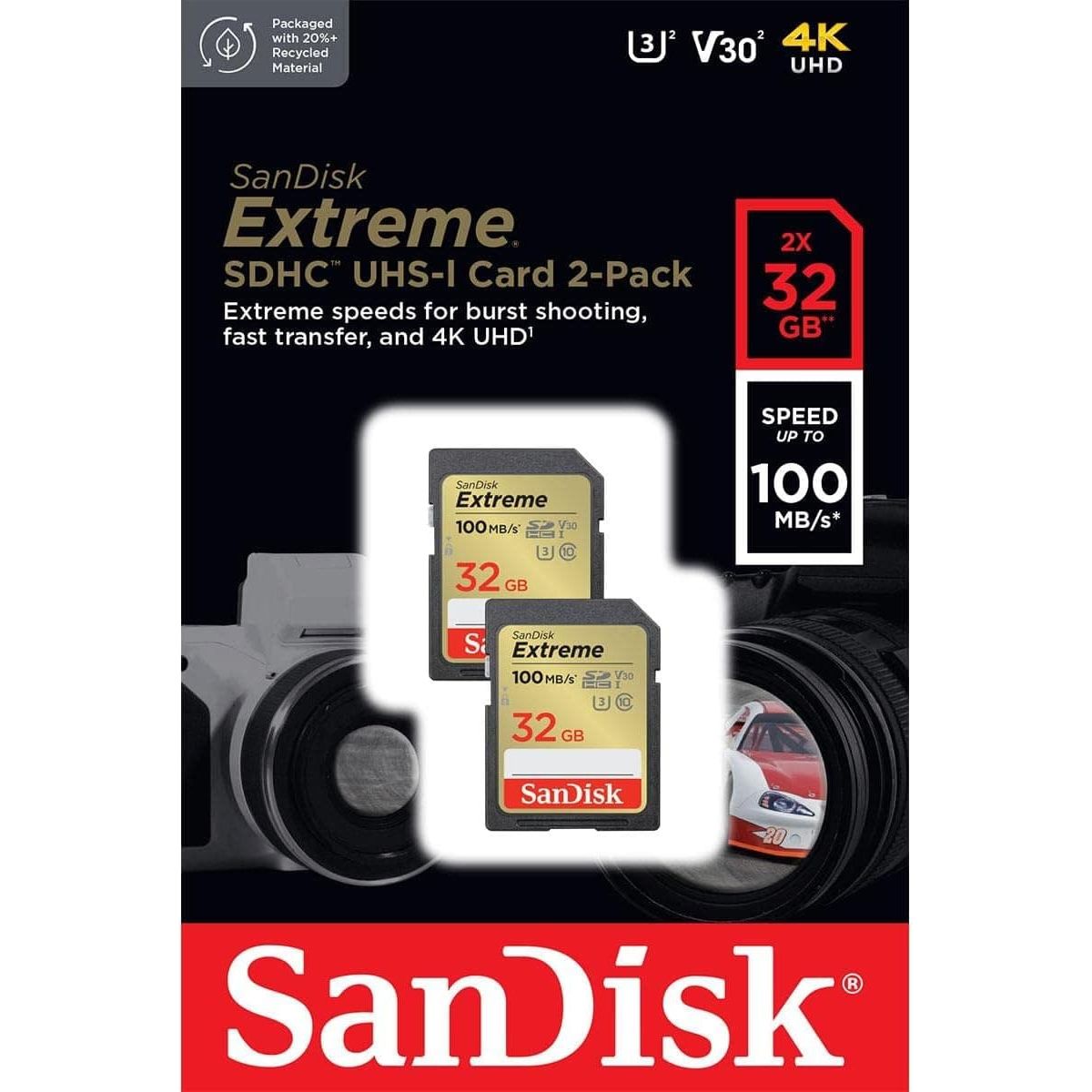 SanDisk 32GB Extreme SDHC cards (2-pack) + RescuePRO Deluxe, up to 100MB/s, Class 10, U3, V30, 4K UHD - 2