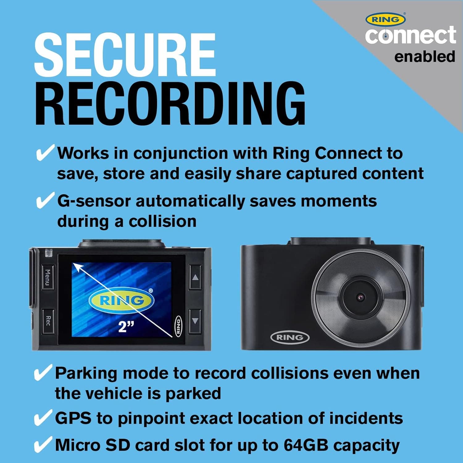 Ring Automotive - RSDC3000 Smart Dash Cam with GPS WiFi Full HD 1296p 30fps 2"| Ring Connect App front car camera dashcam rear compatible , BLACK - 3