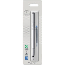 Parker Vector Fountain Pen | Stainless Steel with Chrome Trim | Medium Nib | Blue Ink - 1