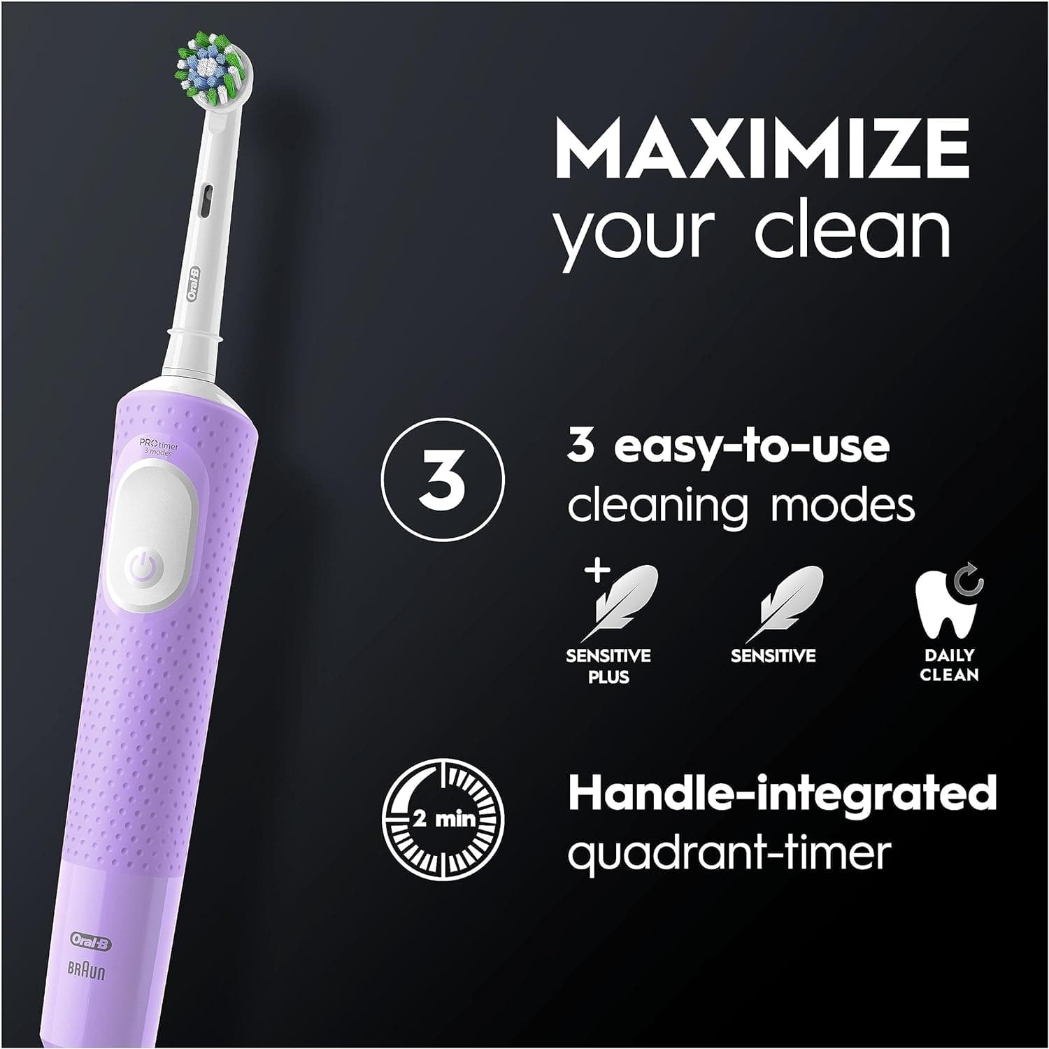 Oral-B Vitality Pro Electric Toothbrushes For Adults, Gifts For Him / Her, 1 Handle, 2 Toothbrush Heads, 3 Brushing Modes Including Sensitive Plus - Purple - 4