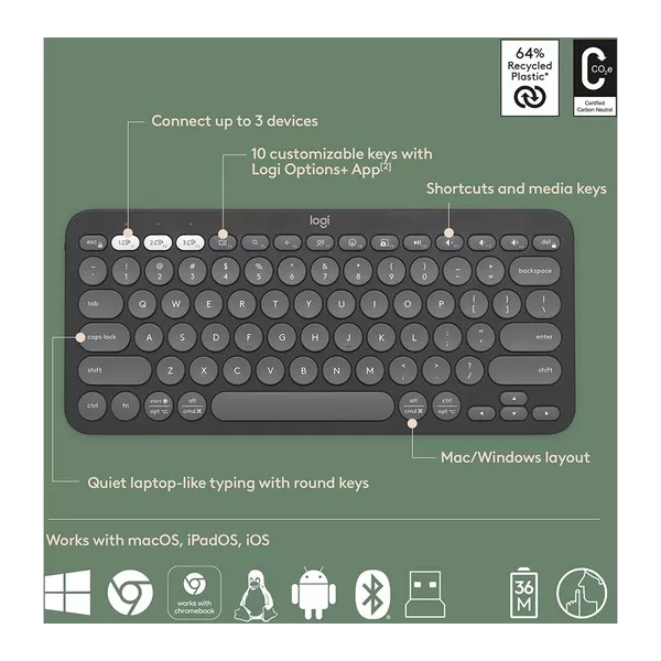 LOGITECH Pebble 2 Combo Wireless Keyboard & Mouse Set - Graphite - 4