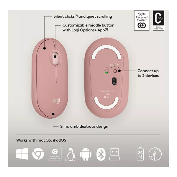 LOGITECH Pebble 2 Combo Wireless Keyboard & Mouse Set - Rose - 5
