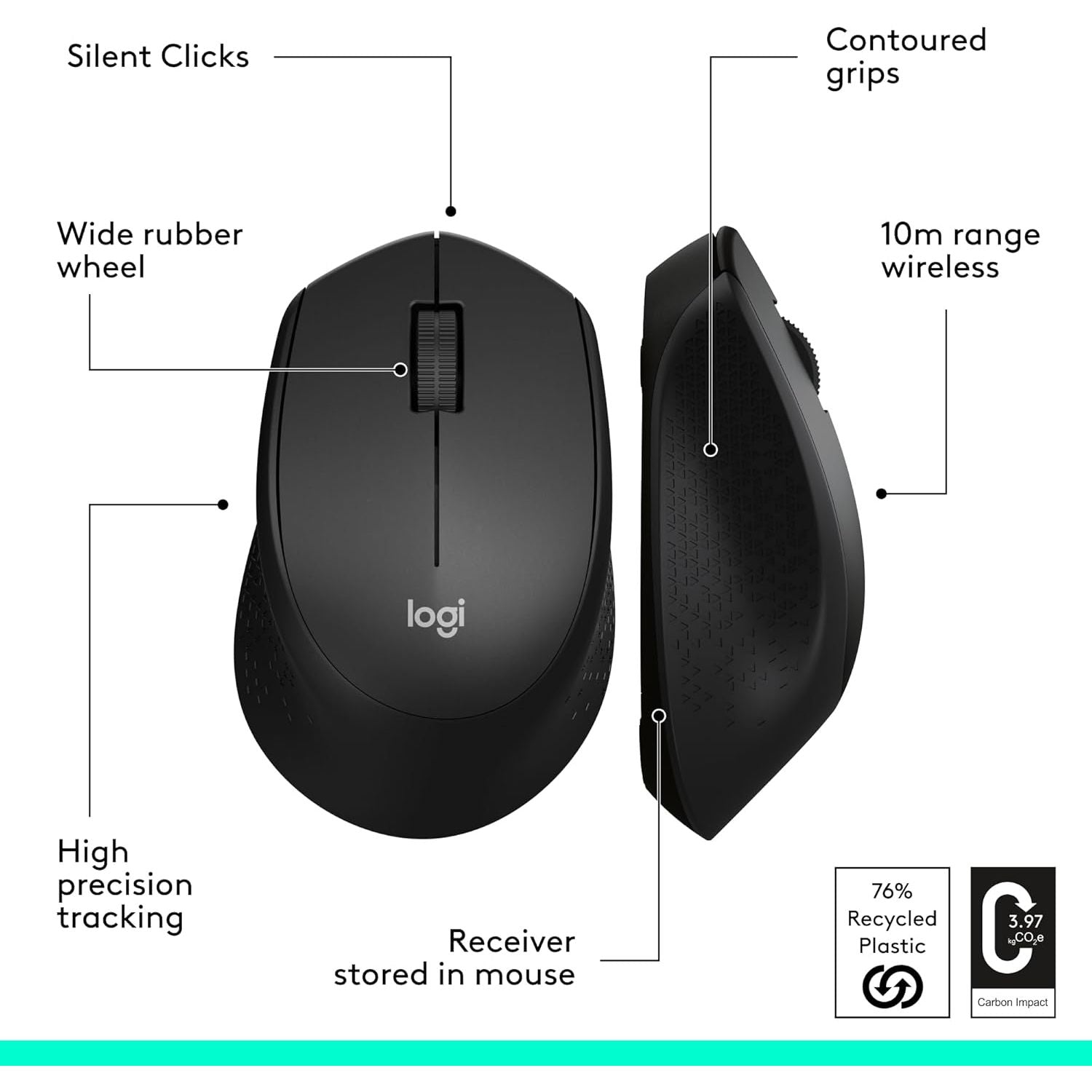Logitech M330 SILENT PLUS Wireless Mouse, 2.4GHz with USB Nano Receiver, 1000 DPI Optical Tracking, 2-year Battery Life, Compatible with PC, Mac, Laptop, Chromebook - Black - 3