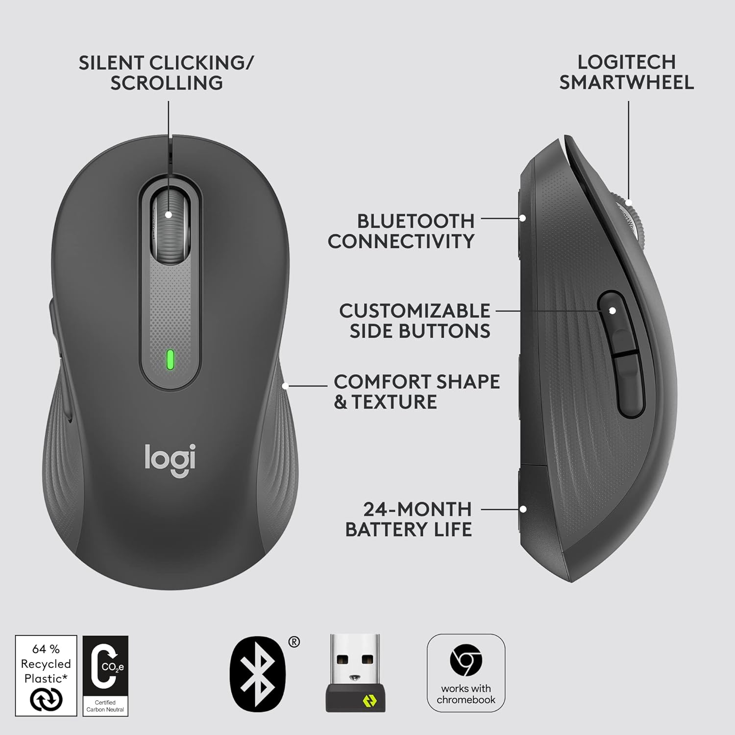 Logitech Signature M650 Wireless Mouse - For Small to Medium Sized Hands, 2-Year Battery, Silent Clicks, Customisable Side Buttons, Bluetooth, for PC/Mac/Multi-Device/Chromebook - Graphite - 4