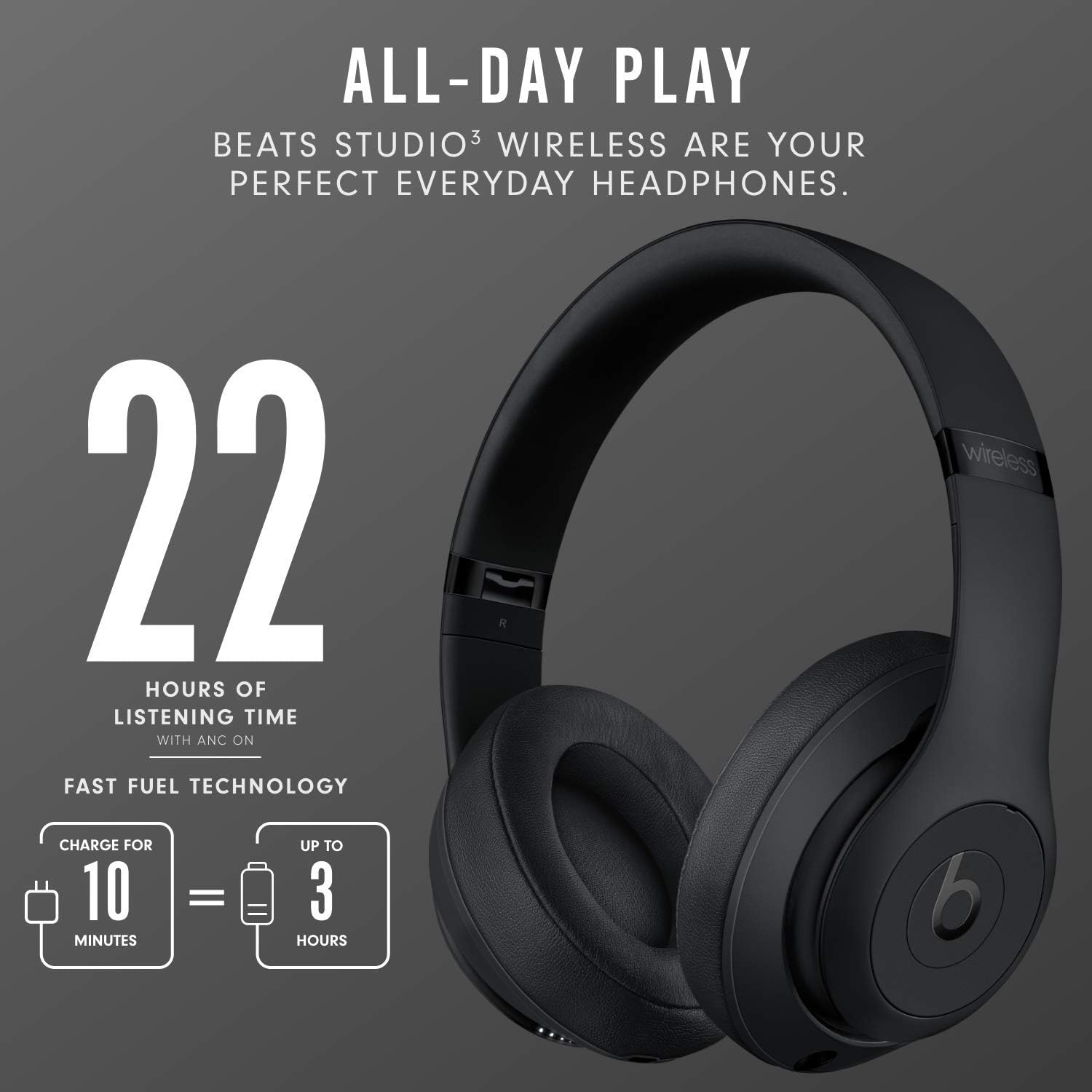 beats Studio3 Wireless Noise Cancelling Over-Ear Headphones - Apple W1 Headphone Chip, Class 1 Bluetooth, Active Noise Cancelling, 22 Hours Of Listening Time - Matte Black - 2