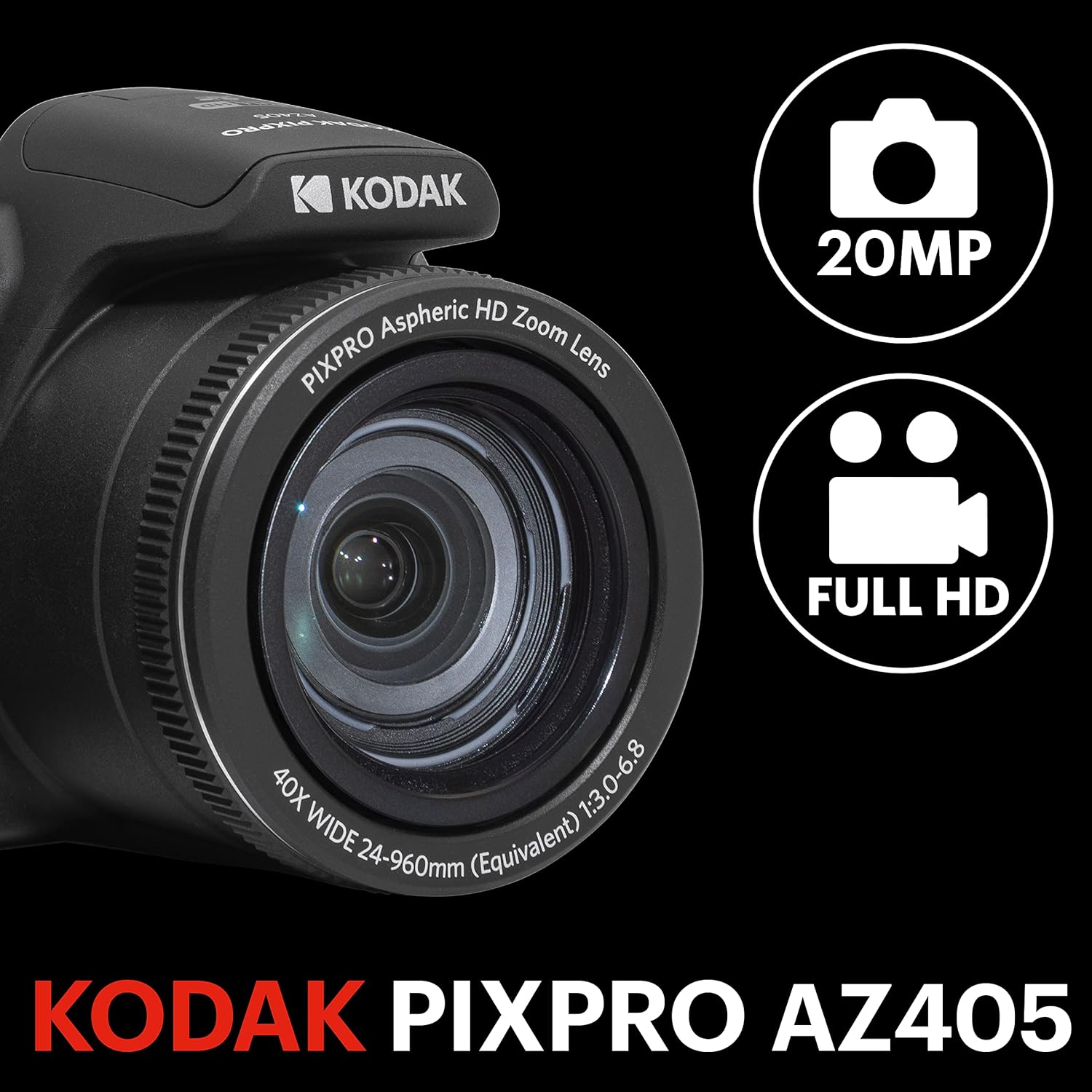 KODAK Pixpro Astro Zoom AZ405 - Digital Bridge Camera, 42x Zoom, 24 mm Wide-angle Lens, 20 Megapixels, 3" LCD Display, 1080p Full HD Video, OIS, AA Battery - Black - 2