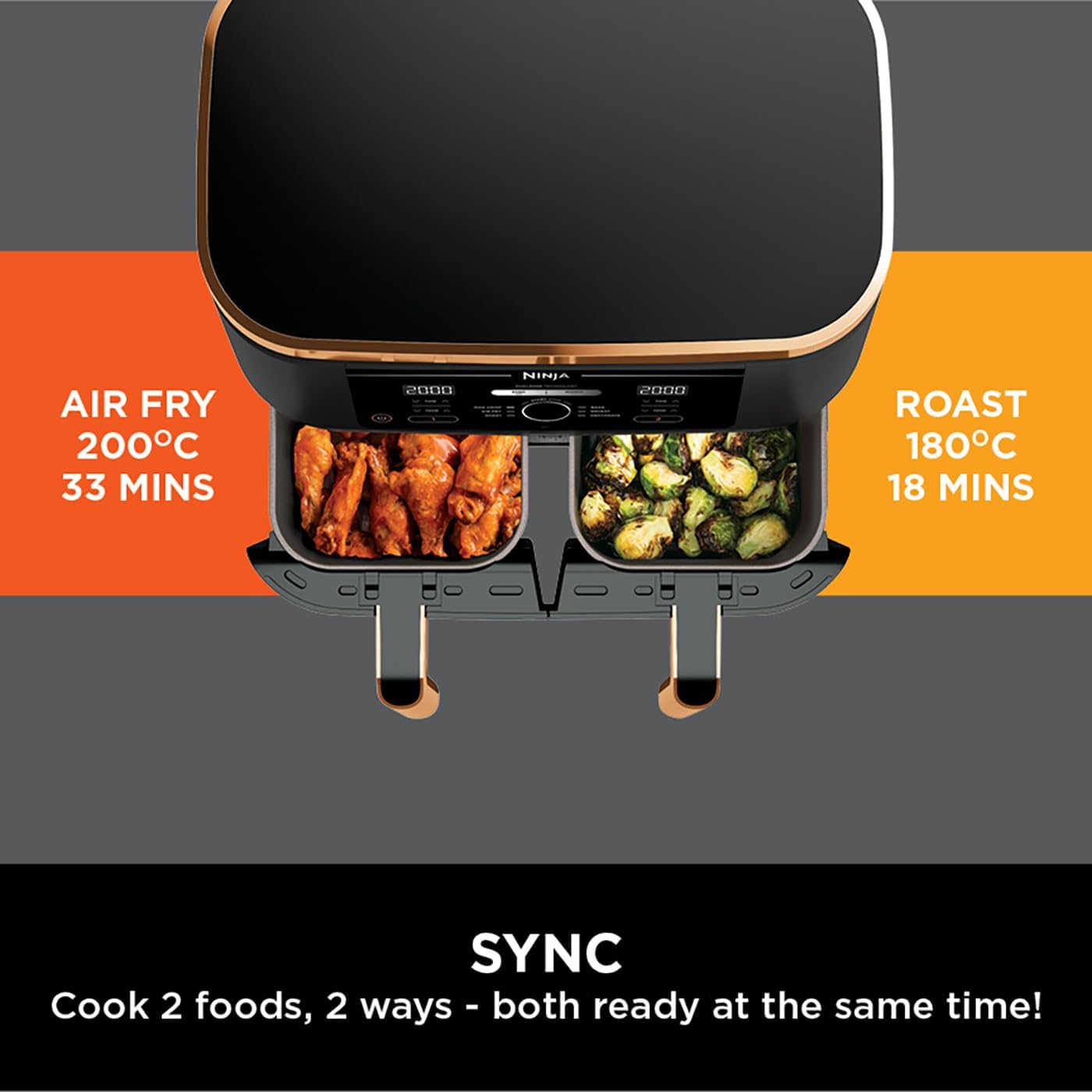 Ninja Foodi MAX Dual Zone Air Fryer, Amazon Exclusive, Tongs, 2 Drawers, 9.5L, 6-in-1, Use No Oil, Air Fry, Max Crisp, Roast, Bake, 8 Portions, Nonstick Dishwasher Safe Baskets, Copper/Black AF400UKCP - 6