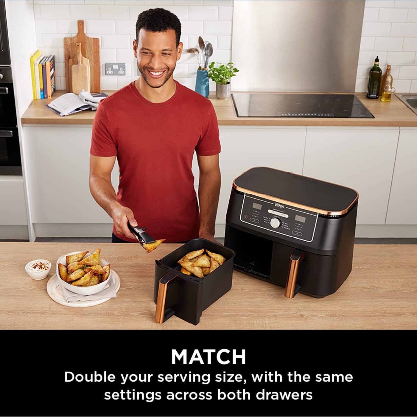 Ninja Foodi MAX Dual Zone Air Fryer, Amazon Exclusive, Tongs, 2 Drawers, 9.5L, 6-in-1, Use No Oil, Air Fry, Max Crisp, Roast, Bake, 8 Portions, Nonstick Dishwasher Safe Baskets, Copper/Black AF400UKCP - 7