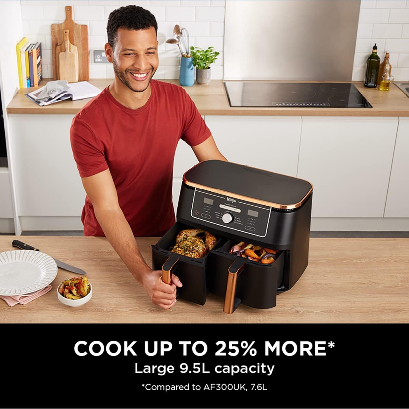 Ninja Foodi MAX Dual Zone Air Fryer, Amazon Exclusive, Tongs, 2 Drawers, 9.5L, 6-in-1, Use No Oil, Air Fry, Max Crisp, Roast, Bake, 8 Portions, Nonstick Dishwasher Safe Baskets, Copper/Black AF400UKCP - 10