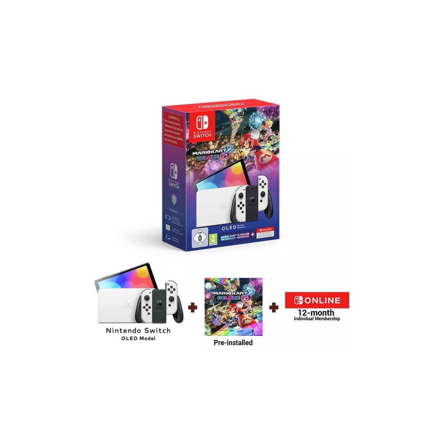 Nintendo Switch OLED (White) + Mario Kart 8 Deluxe + 12-Month Nintendo Switch Online Membership - 1