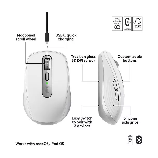 LOGITECH MX Anywhere 3S for Mac Wireless Darkfield Mouse - Pale Grey - 4