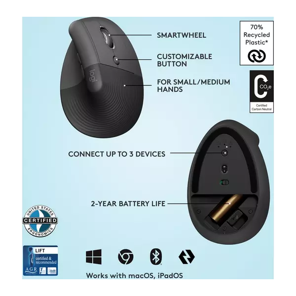 Logitech Lift Vertical Ergonomic Mouse, Wireless, Bluetooth or Logi Bolt USB receiver, Quiet clicks, 4 buttons, compatible with Windows/macOS/iPadOS, Laptop, PC - Graphite - 5