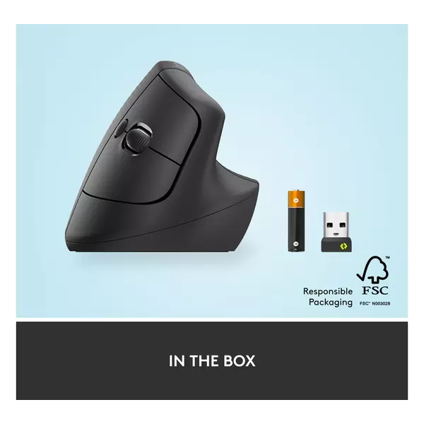 Logitech Lift Vertical Ergonomic Mouse, Wireless, Bluetooth or Logi Bolt USB receiver, Quiet clicks, 4 buttons, compatible with Windows/macOS/iPadOS, Laptop, PC - Graphite - 6