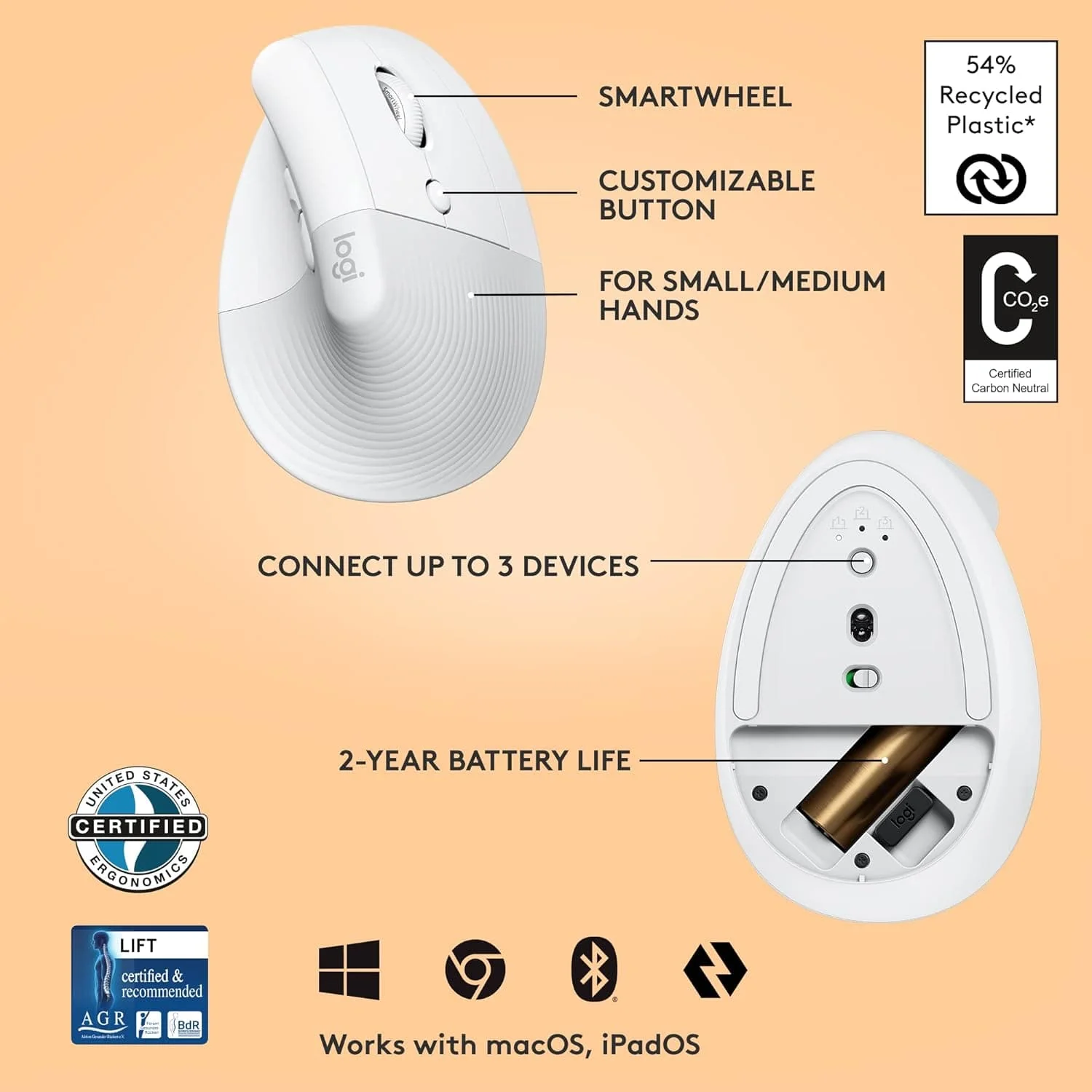 Logitech Lift Vertical Ergonomic Mouse, Wireless, Bluetooth or Logi Bolt USB receiver, Quiet clicks, 4 buttons, compatible with Windows/macOS/iPadOS, Laptop, PC - White - 5