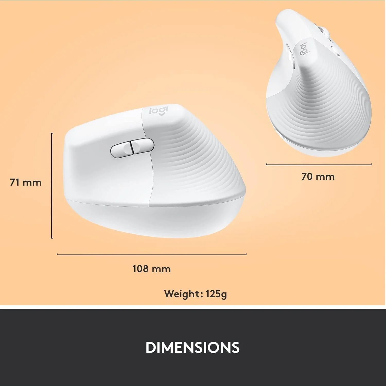 Logitech Lift Vertical Ergonomic Mouse, Wireless, Bluetooth or Logi Bolt USB receiver, Quiet clicks, 4 buttons, compatible with Windows/macOS/iPadOS, Laptop, PC - White - 8