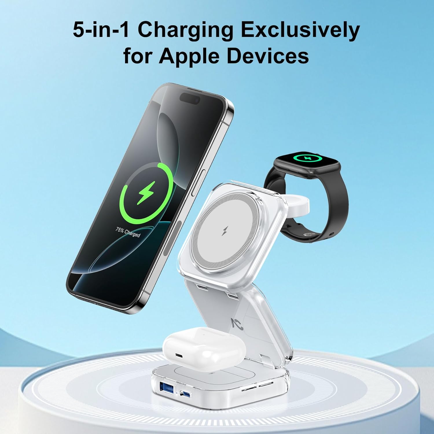 Charging Station, AC Island 5 in 1 Wireless Charging Station for iPhone 16 Pro/16/15/14/13/12, Mag-Safe Charger, Fast Wireless Charging Stand for Airpods, Apple Watch Series 10 - (White) - 2