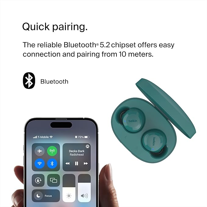 Belkin SoundForm Bolt Wireless Earbuds – 28H Battery, IPX4 Water Resistance, Bluetooth Mic - Teal - 5