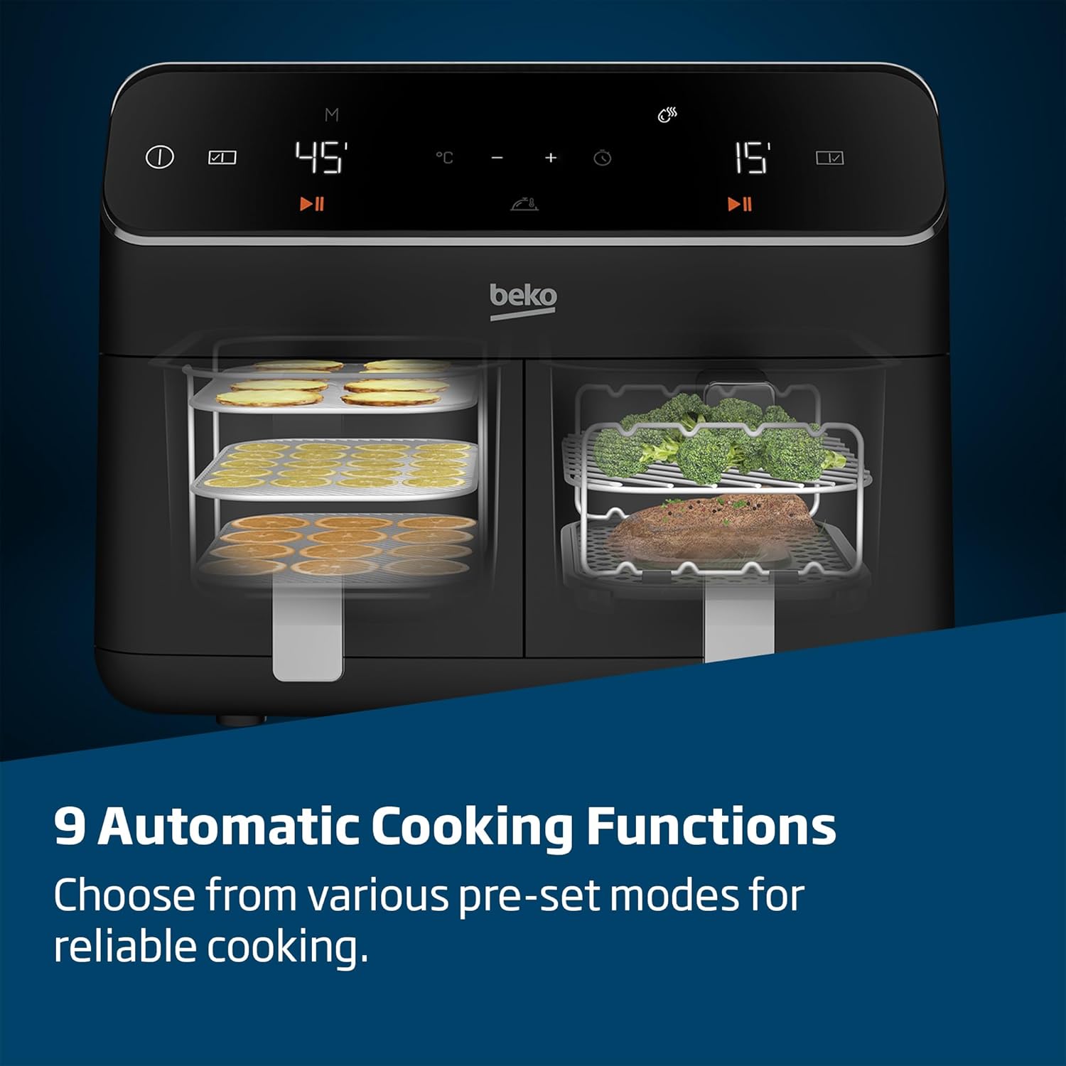 Buy Beko,Beko Dual Zone Air Fryer ExpertFry FRL5388B – 8.5L Capacity, Smart Finish, Match Cook, 9 Automatic Functions, Dehydrate, Black - Gadcet UK | UK | London | Scotland | Wales| Near Me | Cheap | Pay In 3 | Air Fryer & Grill