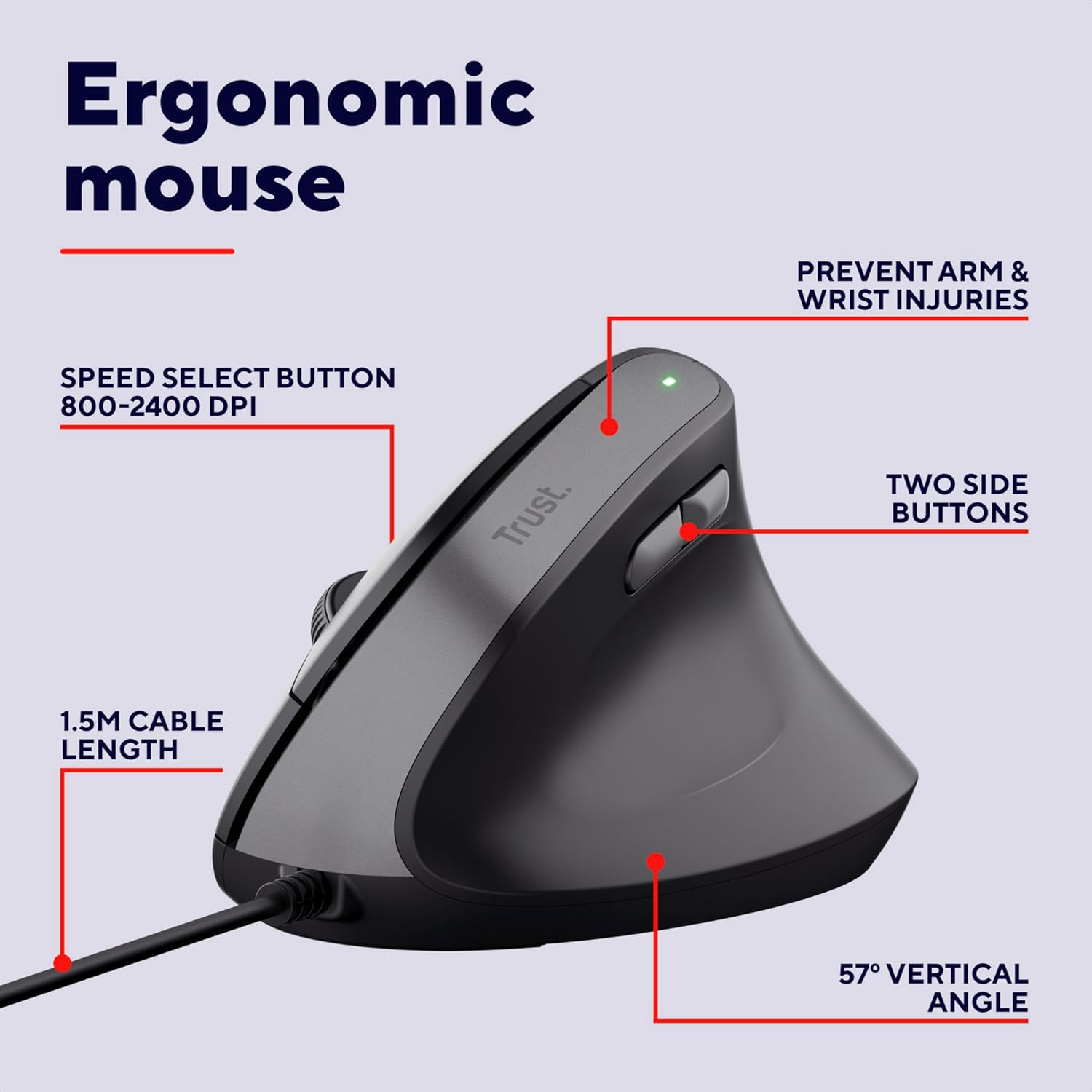 Buy Trust,Trust Yuno Ergonomic Wired Vertical Mouse – Right-Handed, 1.5m USB Cable, 800-2400 DPI, Optical Sensor, 6 Buttons, 60% Recycled Plastic – Black - Gadcet UK | UK | London | Scotland | Wales| Near Me | Cheap | Pay In 3 | Keyboard & Mouse