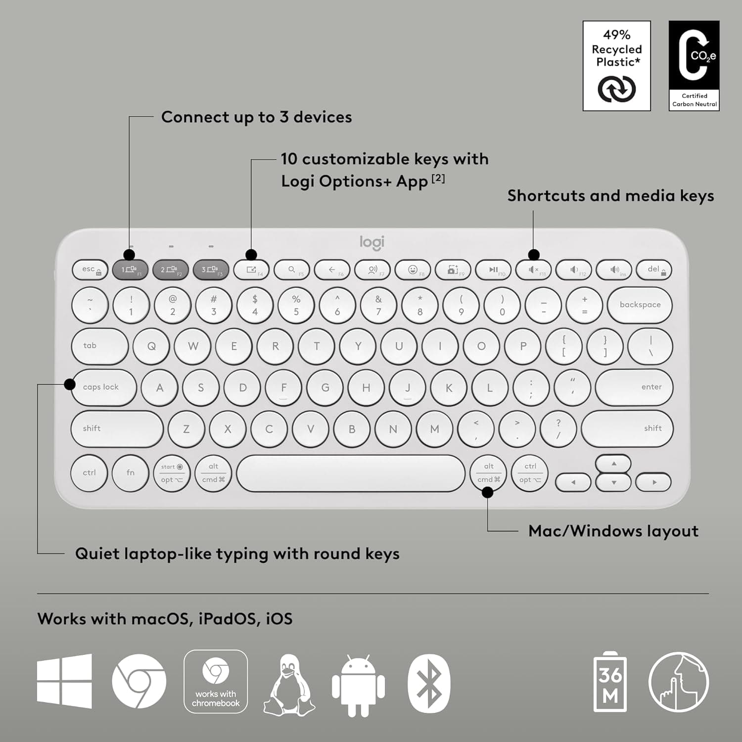 Buy Logitech,Logitech Pebble Keys 2 K380s, Multi-Device Bluetooth Wireless Keyboard with Customisable Shortcuts,Slim and Portable, Easy-Switch for Windows/macOS/iPadOS/Android/Chrome OS, QWERTY UK Layout, White - Gadcet UK | UK | London | Scotland | Wales| Ireland | Near Me | Cheap | Pay In 3 | Keyboards