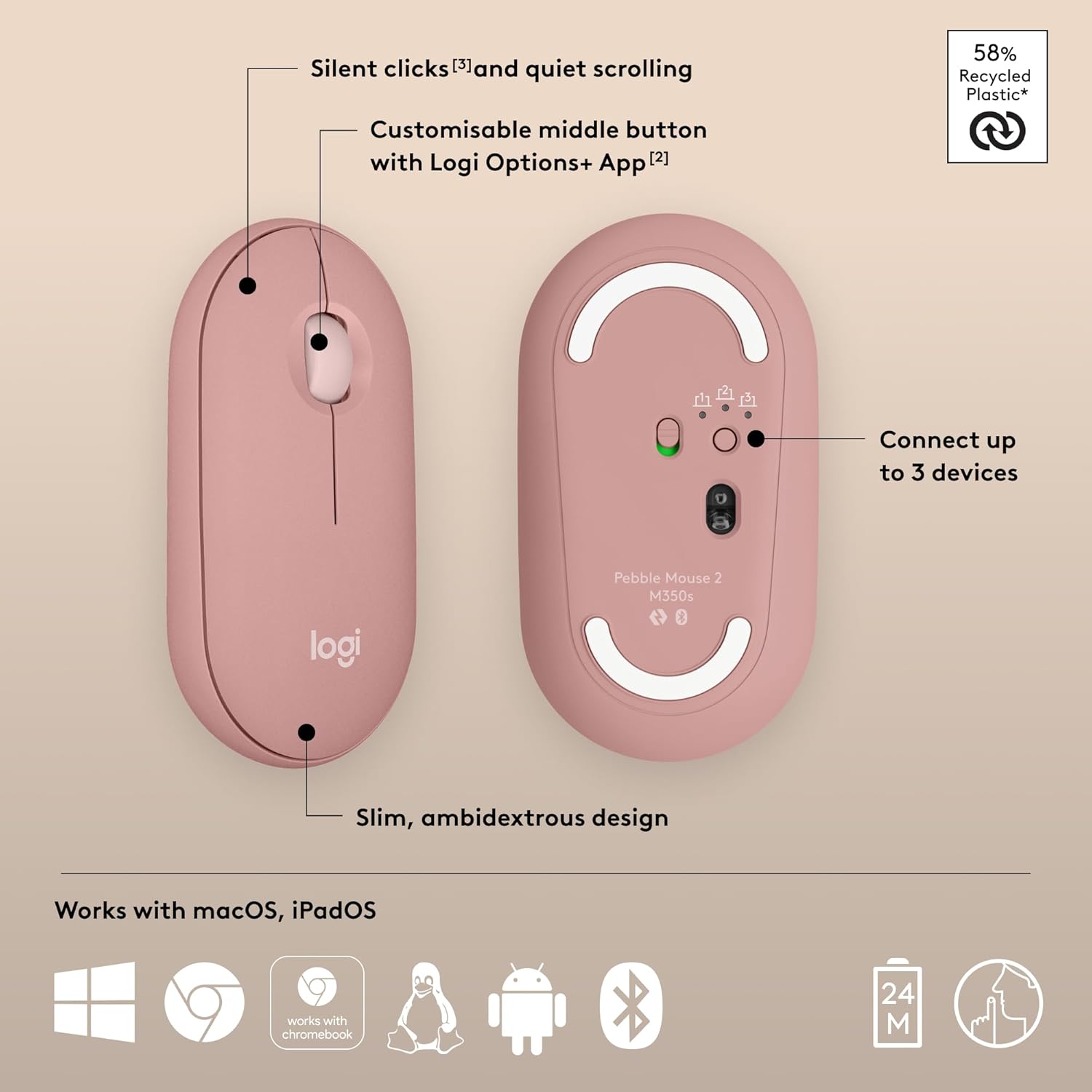 Buy Logitech,Logitech Pebble Mouse 2 M350s Slim Bluetooth Wireless Mouse, Quiet Clicks, Multi-Device, Custom Button Rose - Gadcet UK | UK | London | Scotland | Wales| Near Me | Cheap | Pay In 3 | Mice & Trackballs