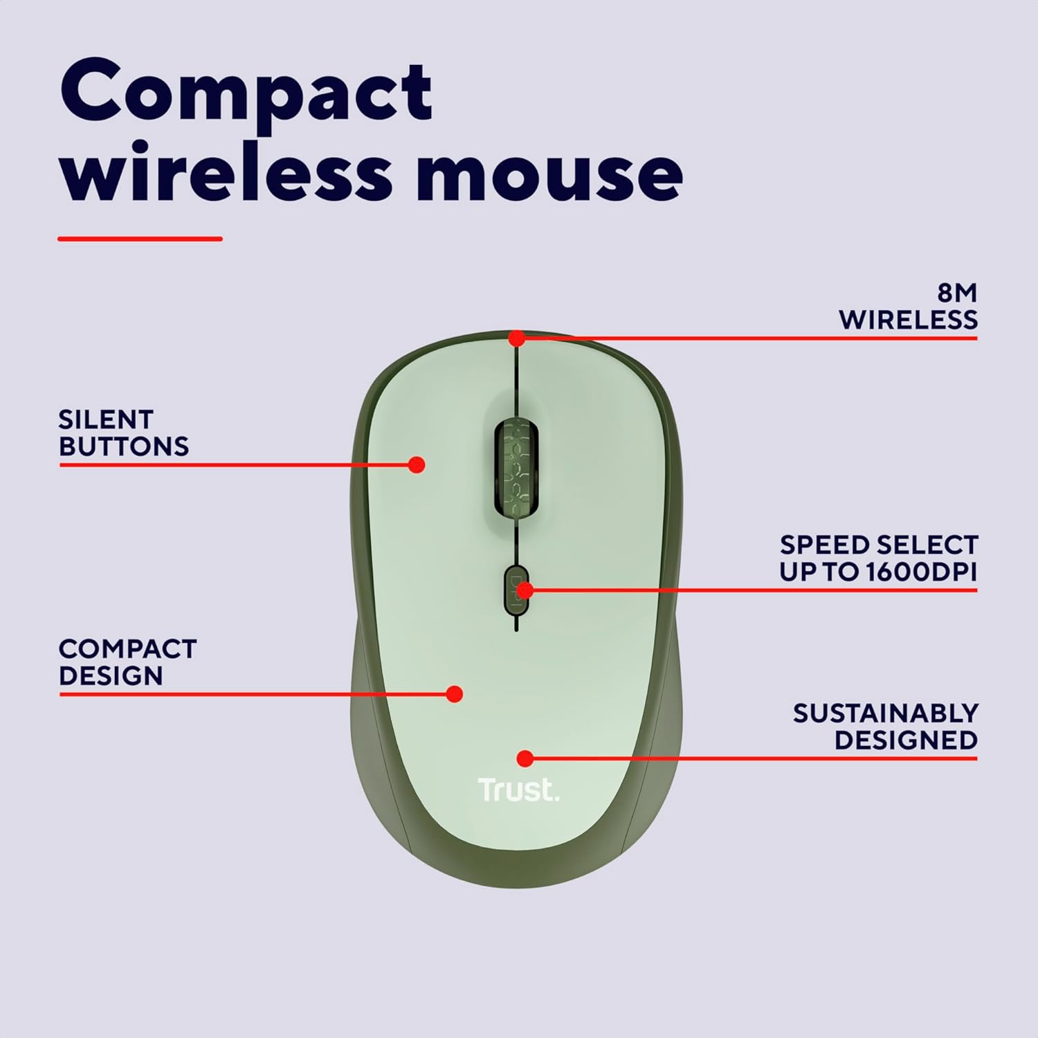 Buy Trust,Trust Yvi+ Silent Wireless Mouse – Sustainable Design, 800-1600 DPI, Ambidextrous, USB Receiver, Quiet, Green - Gadcet UK | UK | London | Scotland | Wales| Near Me | Cheap | Pay In 3 | Keyboard & Mouse