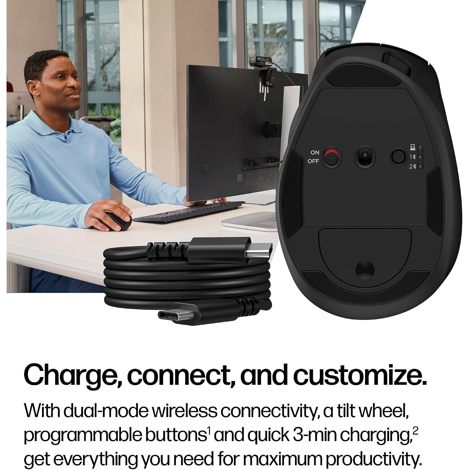 HP Tilt Ergonomic Mouse 720M Rechargeable Wireless + Bluetooth Mouse | Ultra-fast Rechargeable Supercapacitor | 1 Month Usage from a 3-Minute Charge | 7 Programmable Buttons | 6000 DPI Sensor | Black