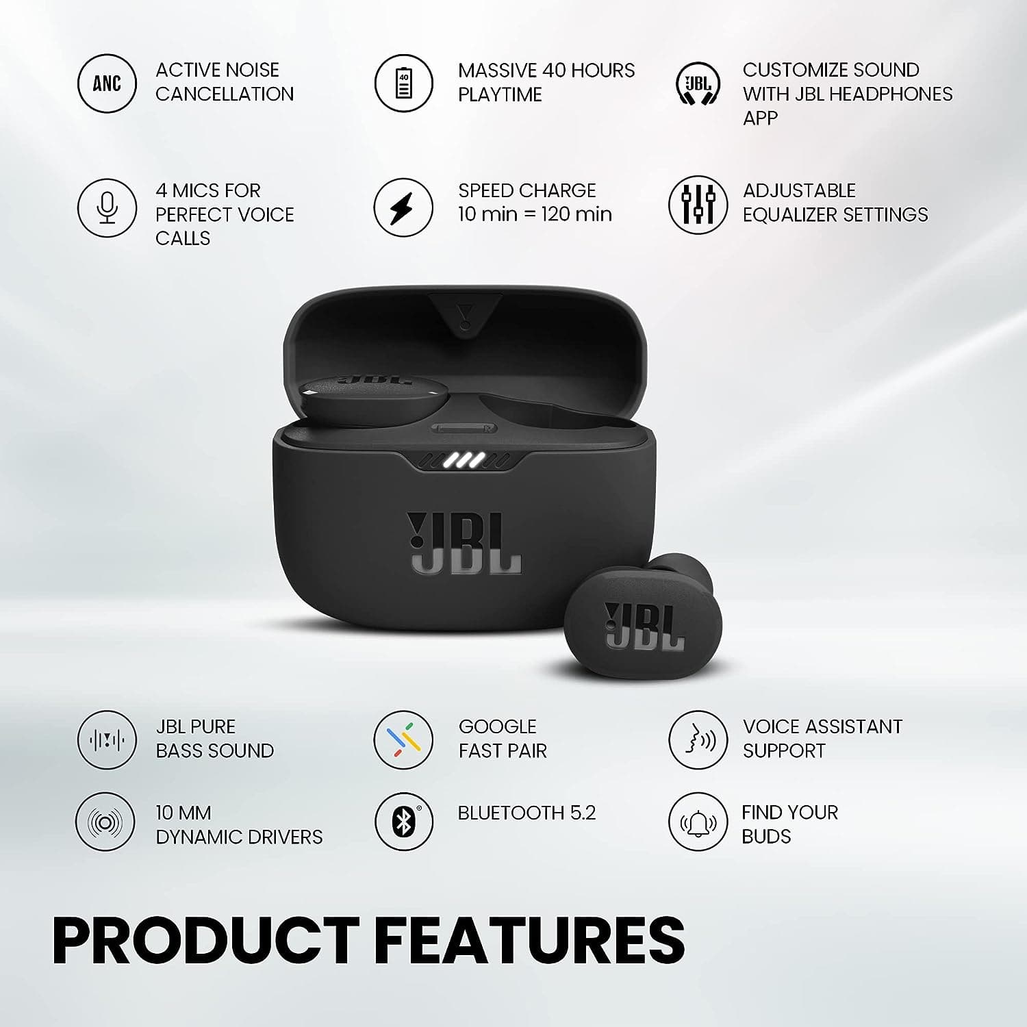 Buy JBL,JBL Tune 130NC TWS In-Ear Headphones - True Wireless Bluetooth headphones in charging case with Active Noise Cancelling and up to 40 hours battery life - Black - Gadcet UK | UK | London | Scotland | Wales| Ireland | Near Me | Cheap | Pay In 3 | Headphones & Headsets