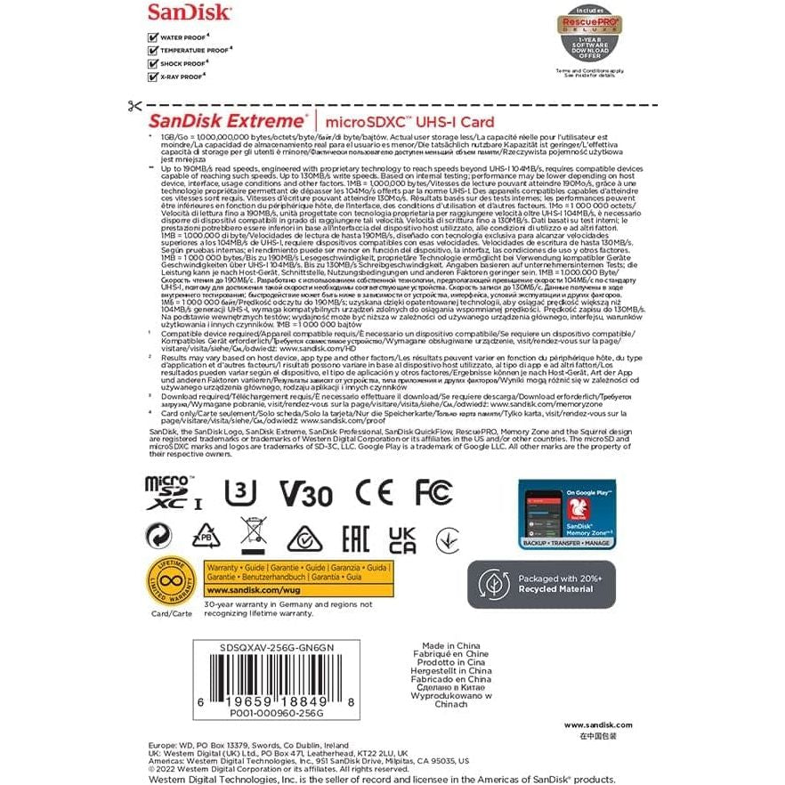 Buy SanDisk,SanDisk 256GB Extreme microSDXC UHS-I Card - A2, Class 10, U3, V30, 190MB/s for Mobile Gaming - Gadcet UK | UK | London | Scotland | Wales| Near Me | Cheap | Pay In 3 | Flash Memory Cards