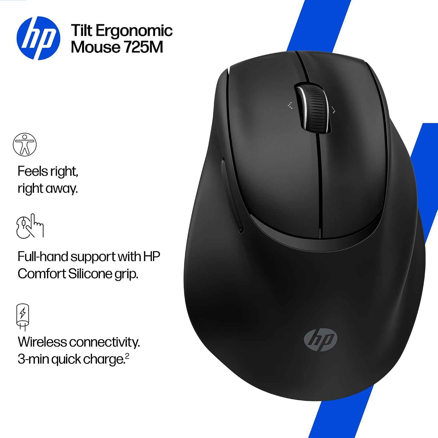HP Tilt Ergonomic Mouse 720M Rechargeable Wireless + Bluetooth Mouse | Ultra-fast Rechargeable Supercapacitor | 1 Month Usage from a 3-Minute Charge | 7 Programmable Buttons | 6000 DPI Sensor | Black