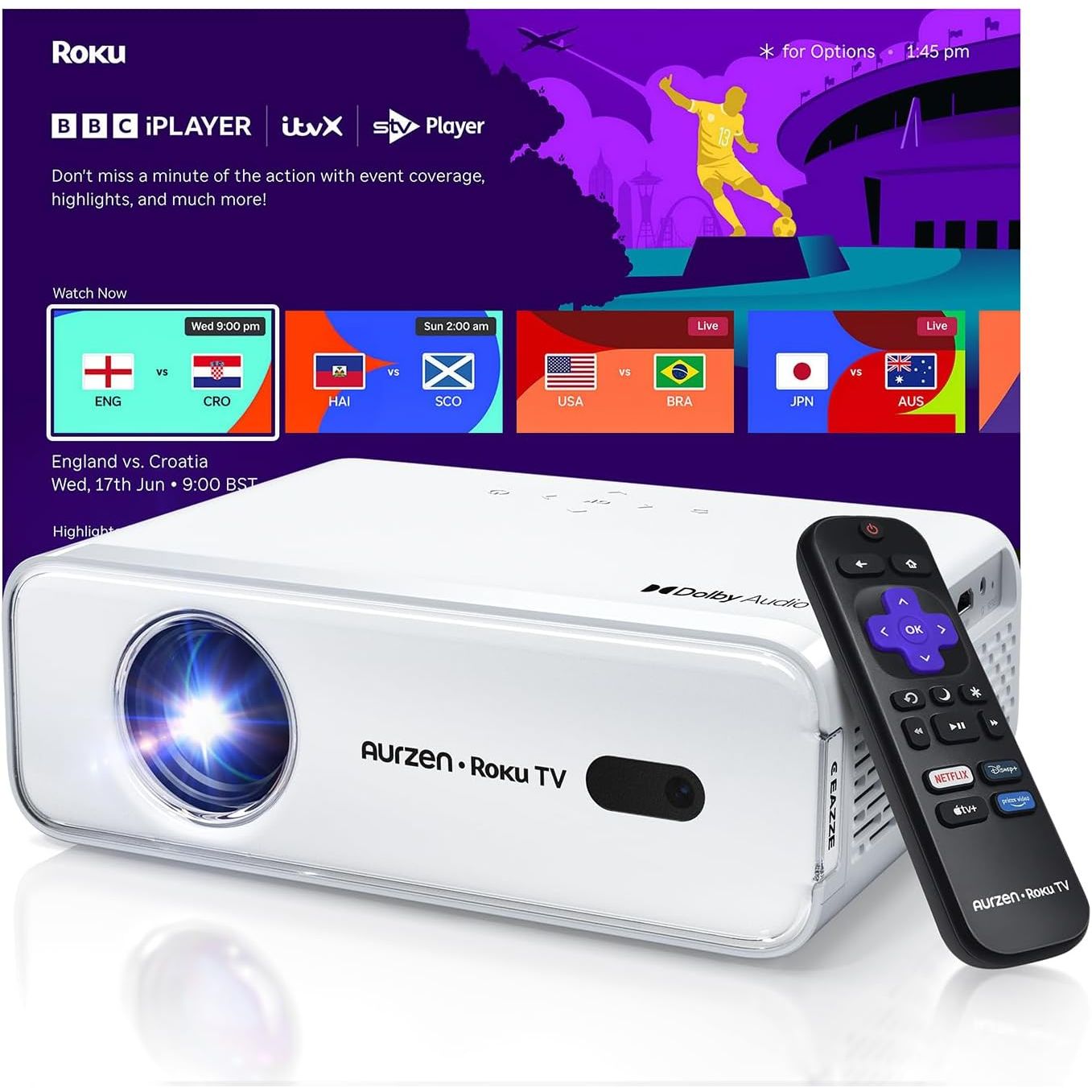 Buy Aurzen,Aurzen Roku TV Smart Projector for Bedroom, Roku Streaming Experience Built-in, 1080P FHD, Dolby Audio, Auto Focus & Keystone, Zoom, Portable Mini Projector for Outdoor Movie, White - Gadcet UK | UK | London | Scotland | Wales| Near Me | Cheap | Pay In 3 | Smart Projector