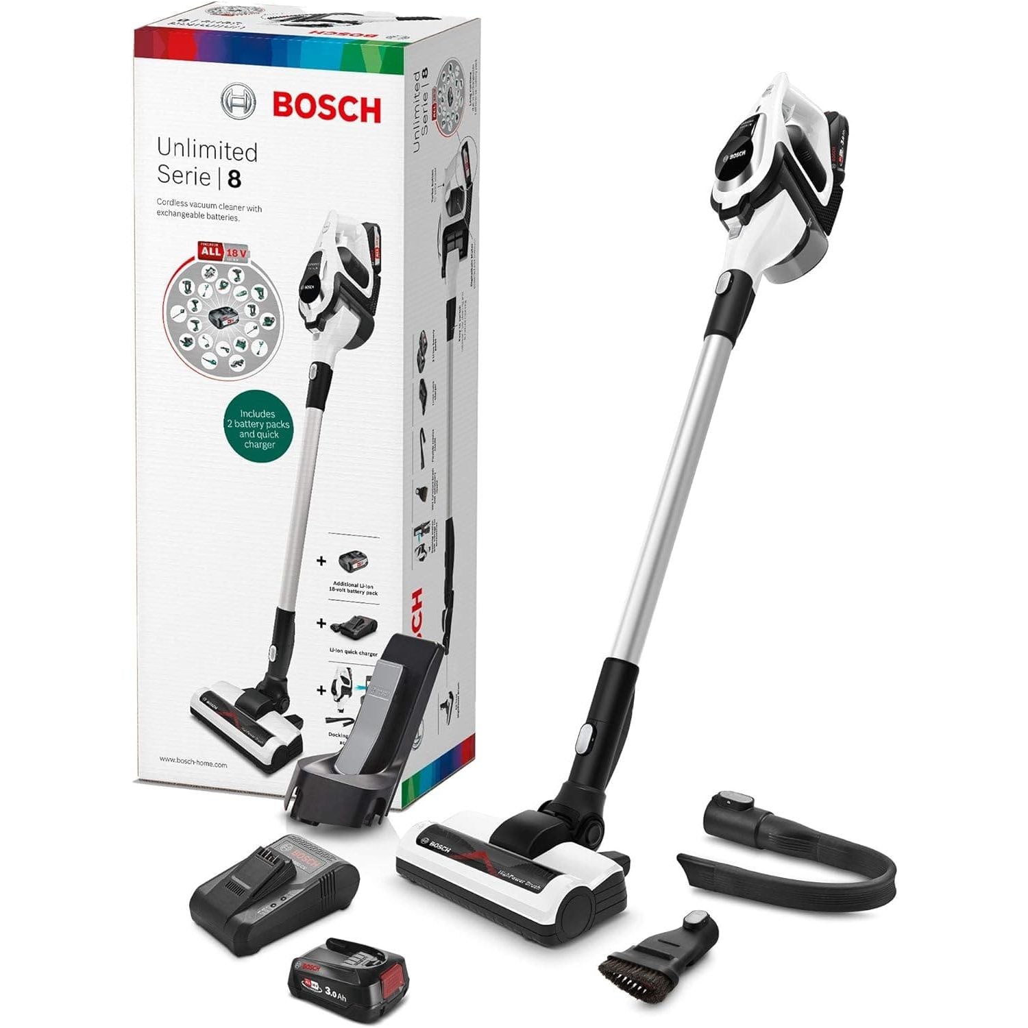 Buy Bosch,Bosch BCS122GB Unlimited Serie | 8 - Rechargeable Cordless and Lightweight Vacuum Cleaner for Multiple Surfaces with Two Interchangeable Power For All Battery Packs and Quick Charger,White - Gadcet UK | UK | London | Scotland | Wales| Ireland | Near Me | Cheap | Pay In 3 | Vacuum Cleaner