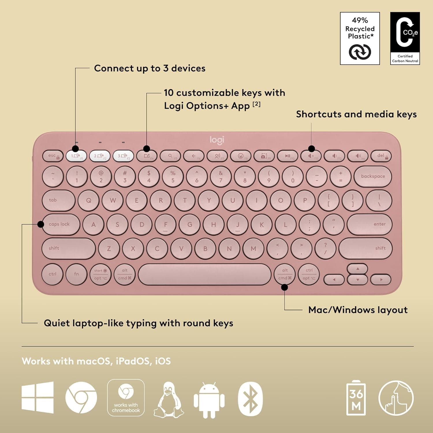 Buy Logitech,Logitech Pebble Keys 2 K380s, Multi-Device Bluetooth Wireless Keyboard with Customisable Shortcuts,Slim and Portable, Easy-Switch for Windows/macOS/iPadOS/Android/Chrome OS, QWERTY UK Layout, Rose - Gadcet UK | UK | London | Scotland | Wales| Ireland | Near Me | Cheap | Pay In 3 | Keyboards