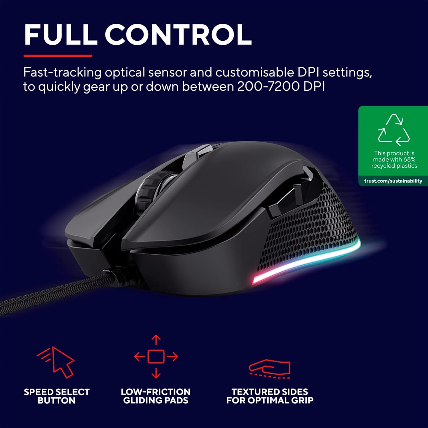 Buy Trust Gaming,Trust Gaming GXT 922 Ybar Gaming Mouse - 200-7200 DPI, 6 Programmable Buttons, 2.1m Braided USB Cable, RGB, 68% Recycled Materials, Advanced Software - Black - Gadcet UK | UK | London | Scotland | Wales| Near Me | Cheap | Pay In 3 | Keyboard & Mouse