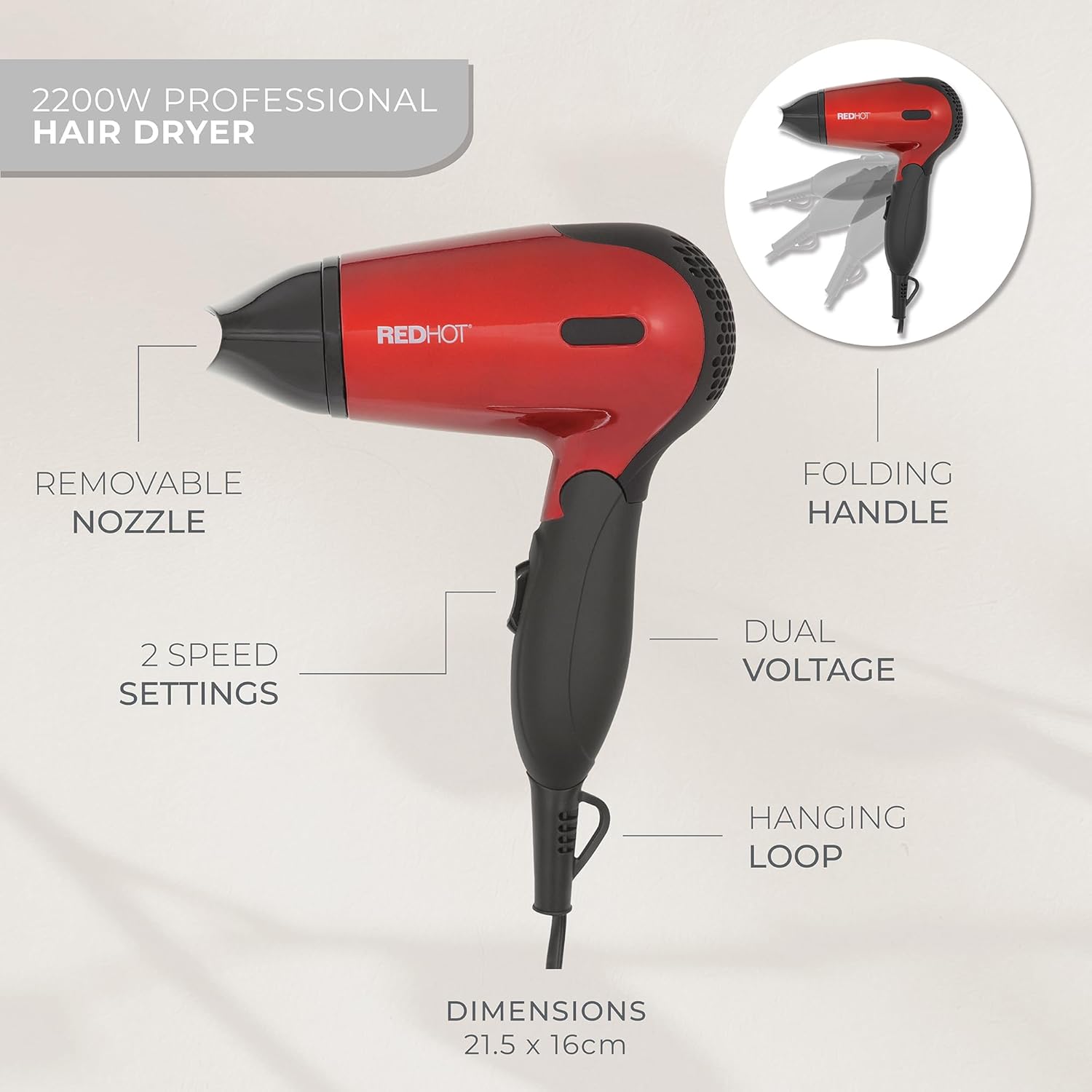 Buy REDHOT,Red Hot 37070 1200W Travel Hair Dryer – Dual Voltage, Folding Handle, Red - Gadcet UK | UK | London | Scotland | Wales| Near Me | Cheap | Pay In 3 | Hair Clippers & Trimmers