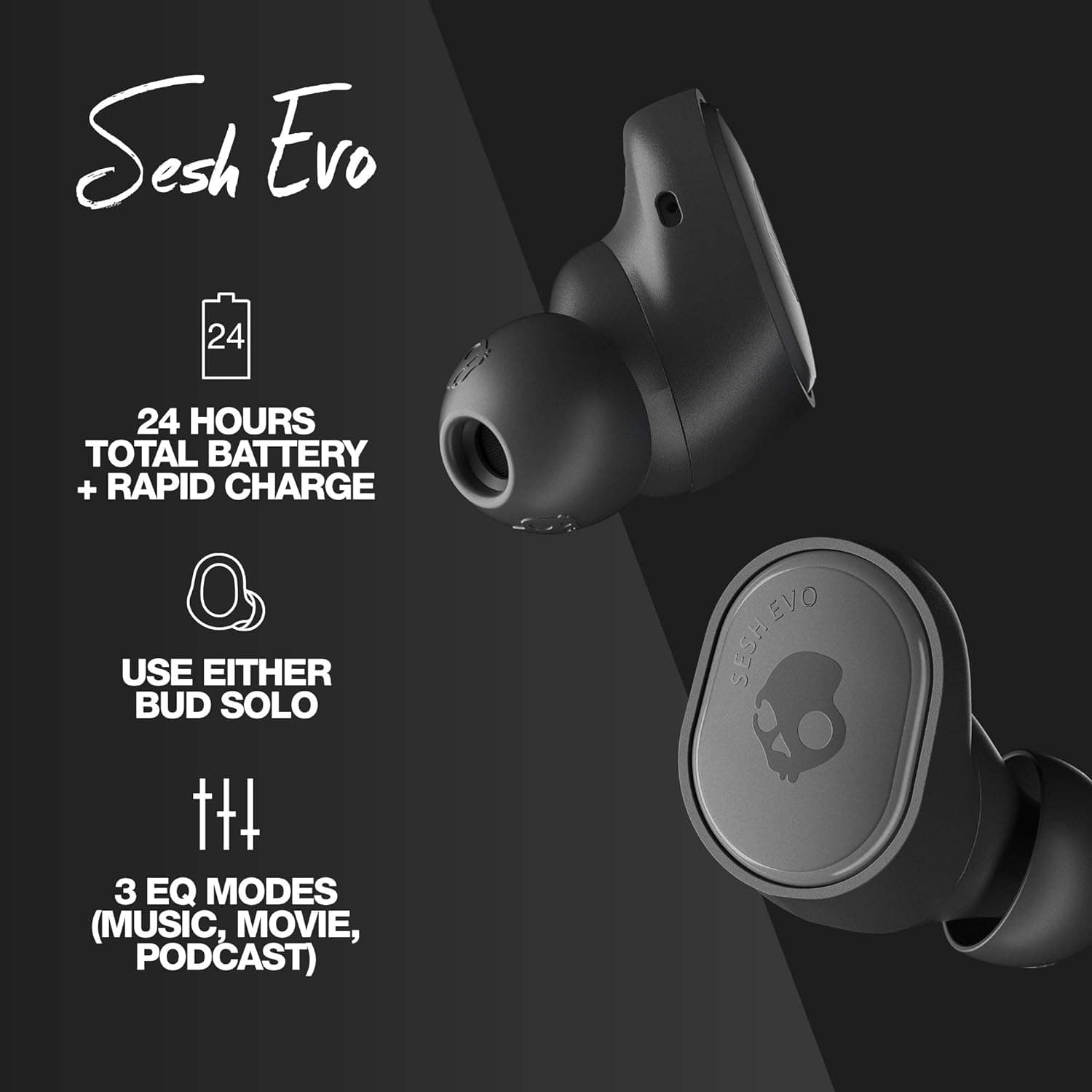 Skullcandy Sesh Evo True Wireless Earbuds – Bluetooth, Mic, IP55 Water Resistant, Charging Case, iPhone & Android Compatible - Black - 3
